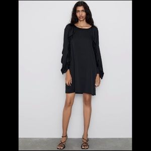 Zara NWT black ruffle long sleeve dress LBD size XS